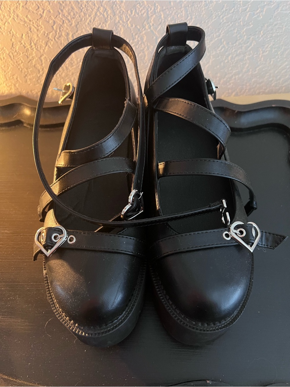 Black Platform Mary Jane Shoes Heart Buckle Goth Alt Chunky Womens 7